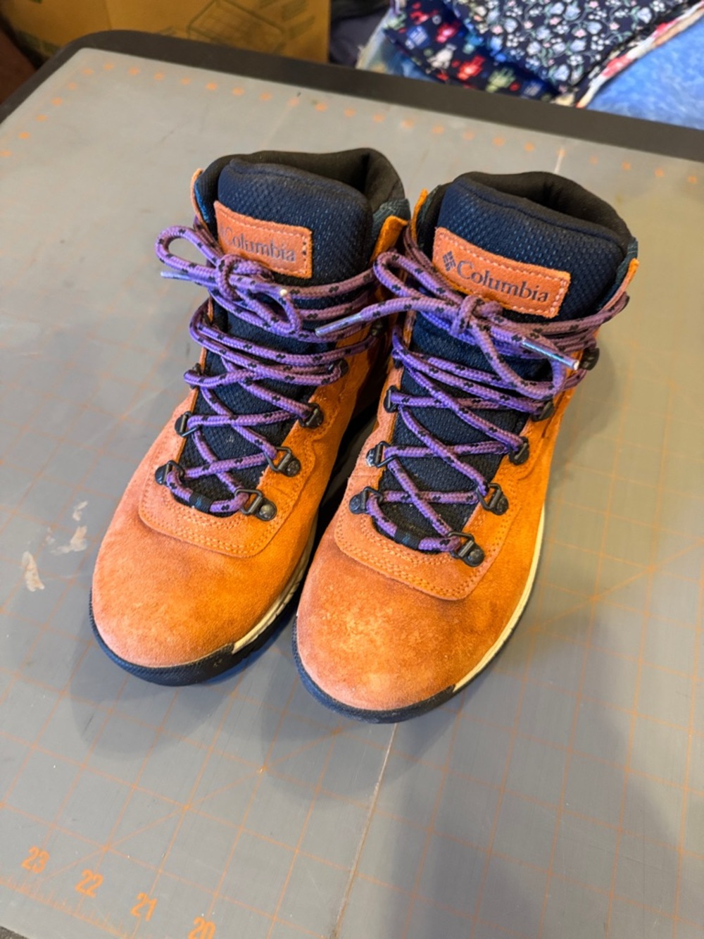 Columbia Orange Suede Hiking Boots with Purple Laces
